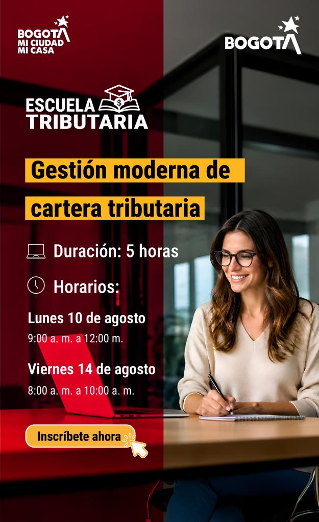 imagen en fondo oscuro con invitación a jornada de escuela tributaria agosto 10 y 14
