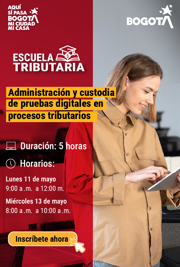 imagen en fondo rojo de invitación a jornada de escuela tributaria mayo 13