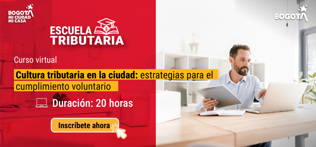 imagen en fondo rojo con título sobre curso de escuela tributaria