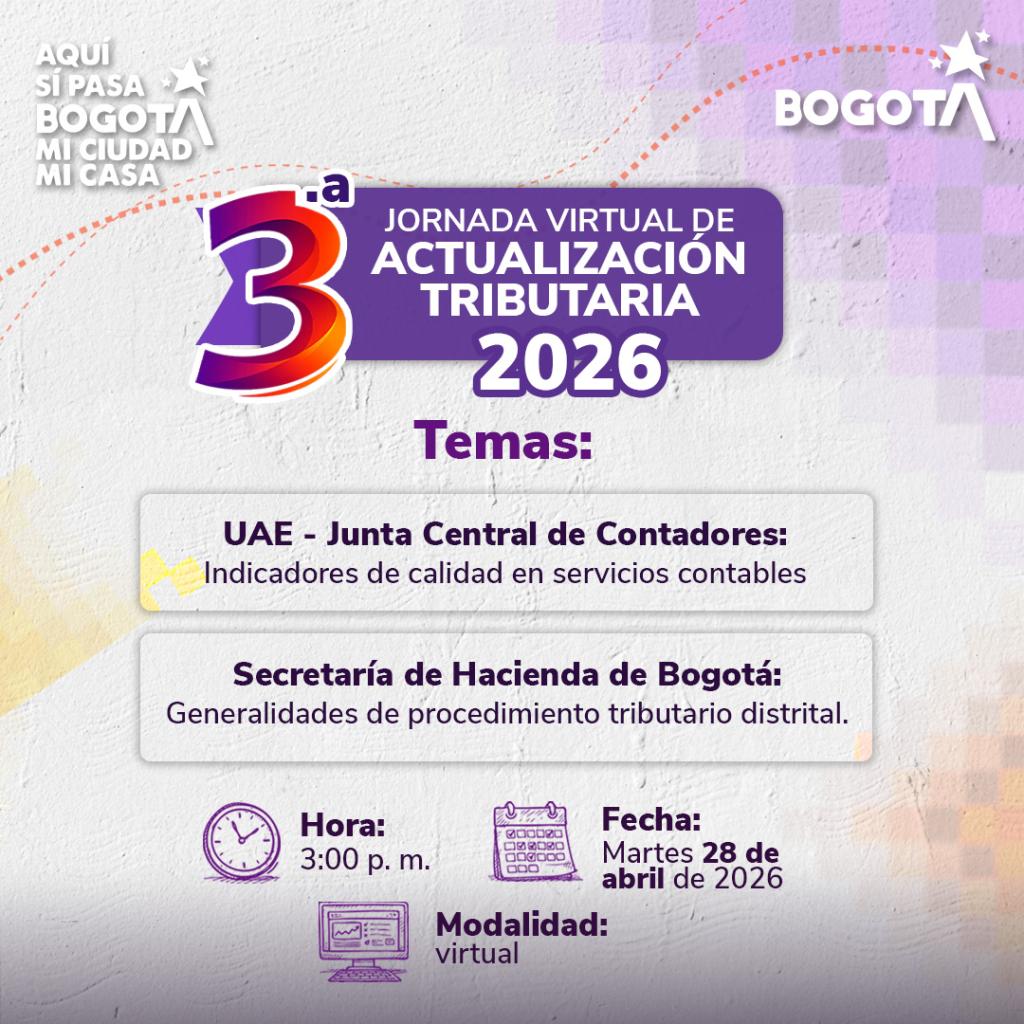 texto en fondo lila con invitación a jornada de actualización tributaria abril 28