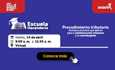 Imagen en fondo azul con invitación a jornada sobre Procedimiento tributario