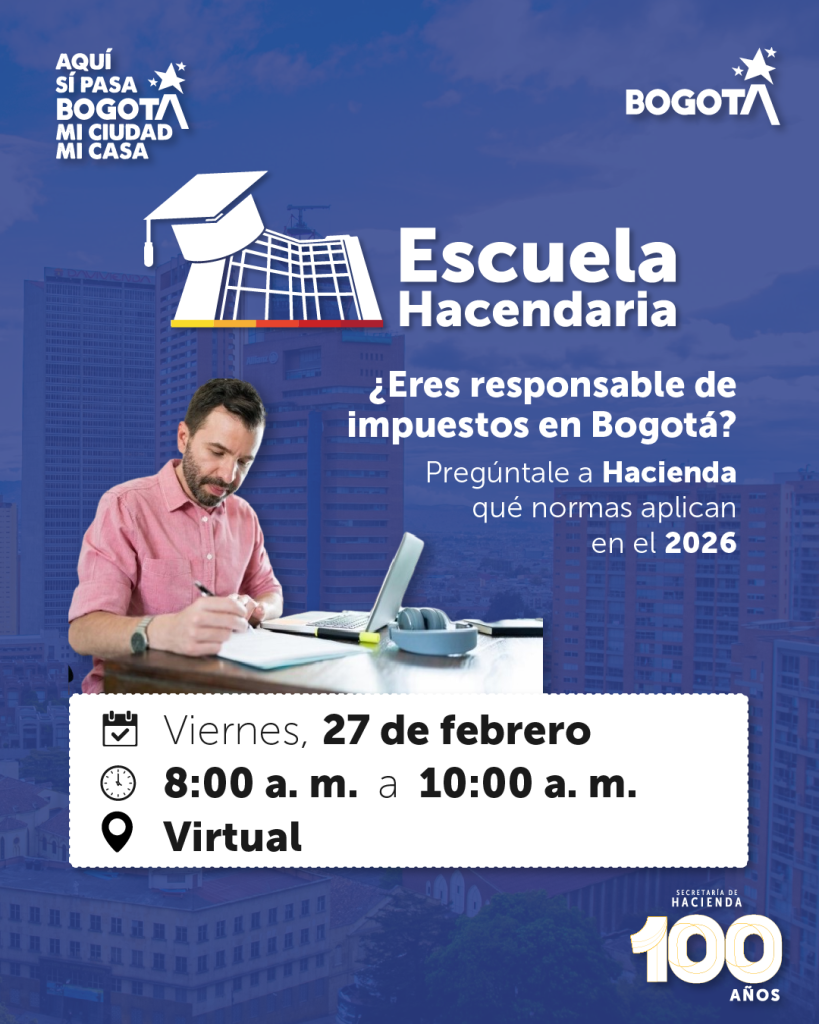 imagen en fondo azul con invitación de escuela hacendaria sobre impuestos febrero 27