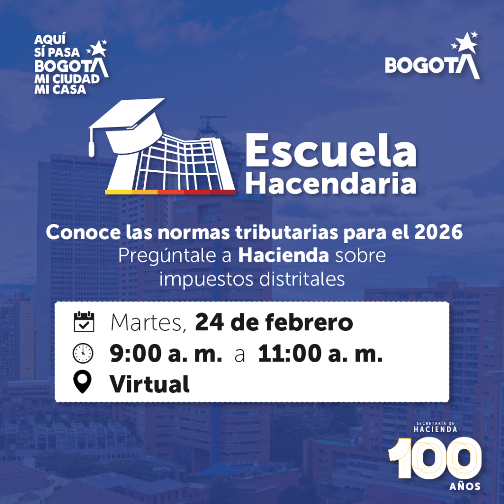 Imagen en fondo azul con invitación a jornada virtual sobre impuestos febrero 24