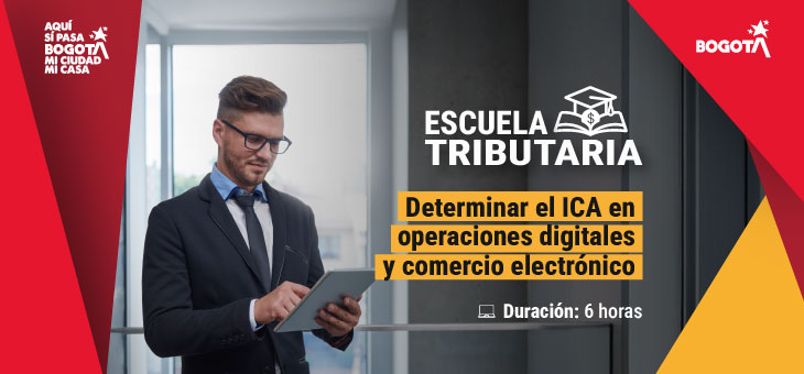 imagen de un hombre y textos de invitación a jornada de escuela tributaria el 2 y 4 de diciembre