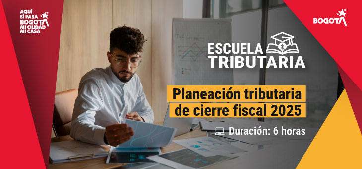 imagen de un hombre y textos de invitacion a jornada de escuela tributaria diciembre 15 y 17