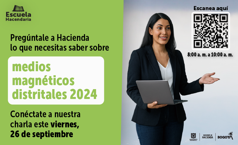 imagen de una mujer un código QR y texto informativo sobre jornada de escuela hacendaria 26 de septiembre 8 am