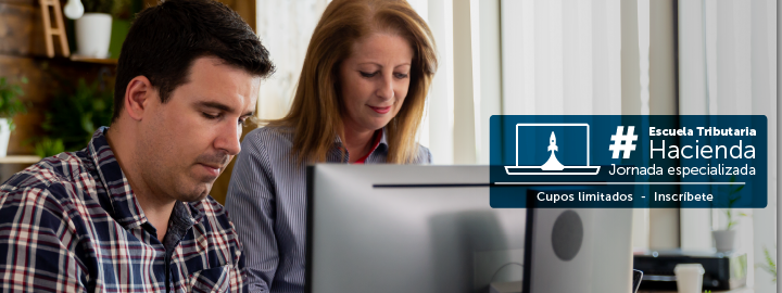 imagen de un hombre y una mujer frente al computador y texto sobre jornada virtual