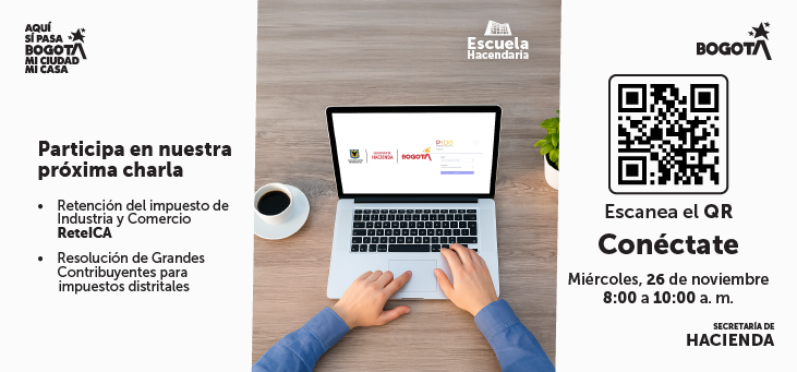 imagen en fondo blanco con un computador y textos de invitación a jornada virtual sobre reteica y grandes contribuyentes