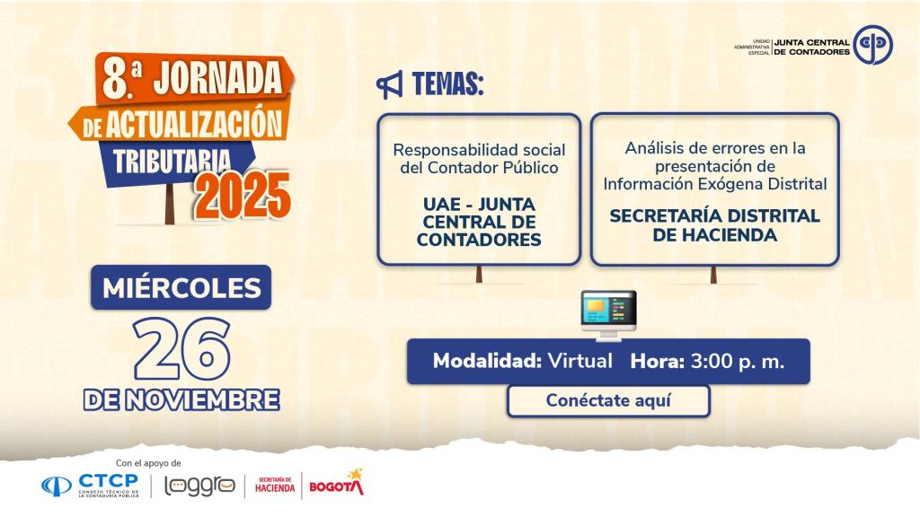 Imagen en fondo rosado con textos de invitación a jornada tributaria junta central de contadores