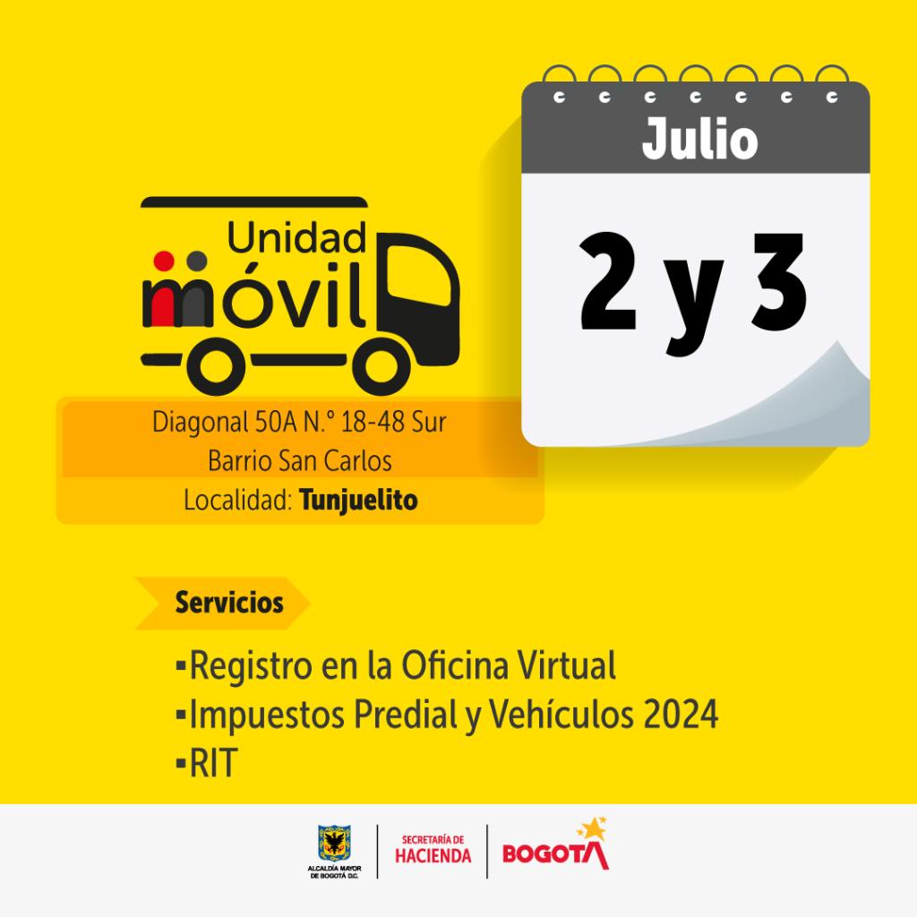 Imagen con fondo amarillo y la silueta de un camión con información sobre atención de impuestos en Tunjuelito