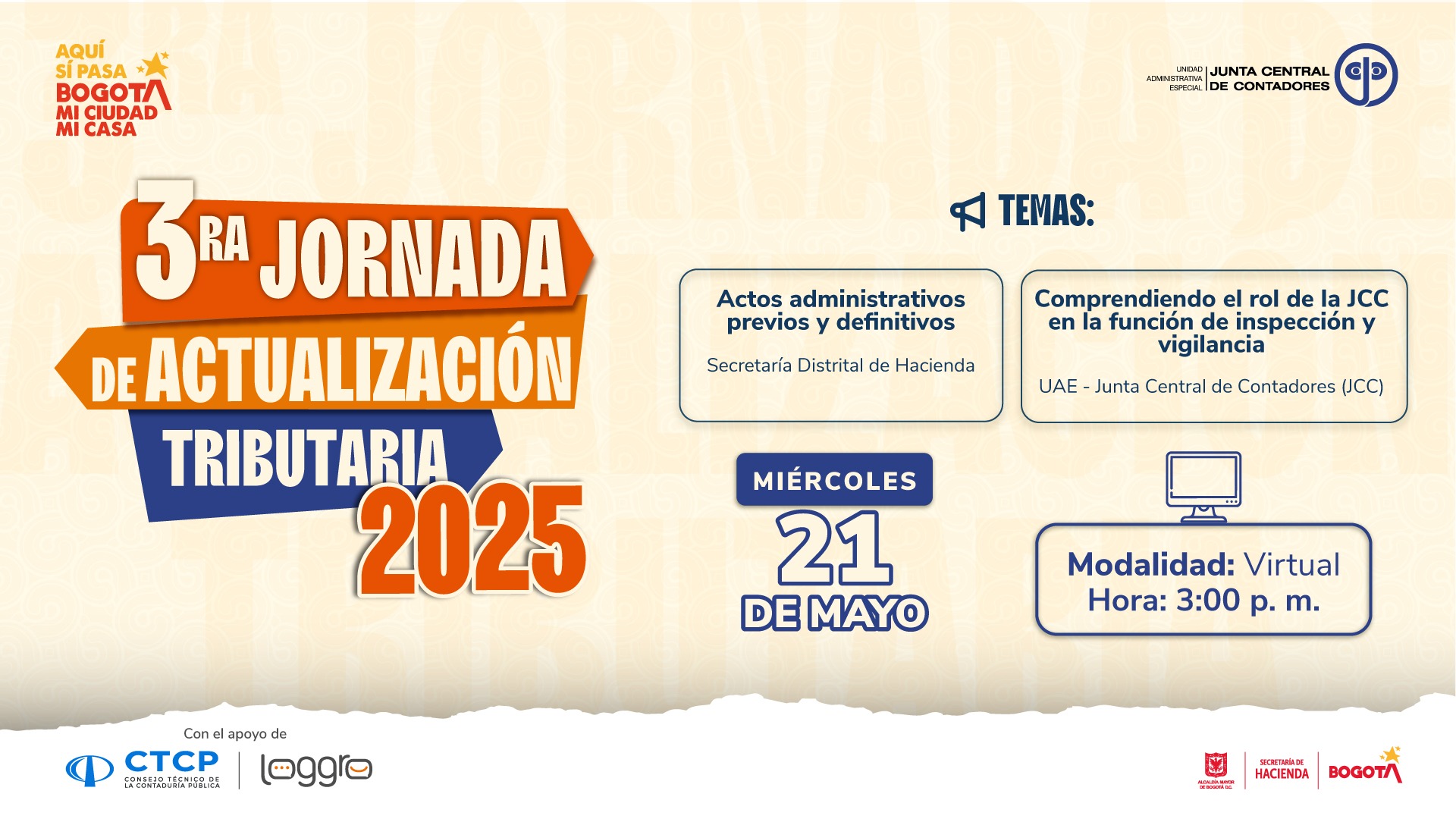 Inscríbete y participa de la tercera jornada de actualización tributaraia Imagen de invitación a la jornada tributaria