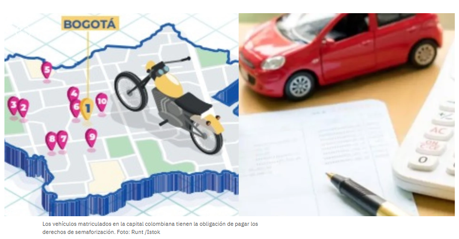Imagen del mapa de Bogotá y un vehiculo rojo