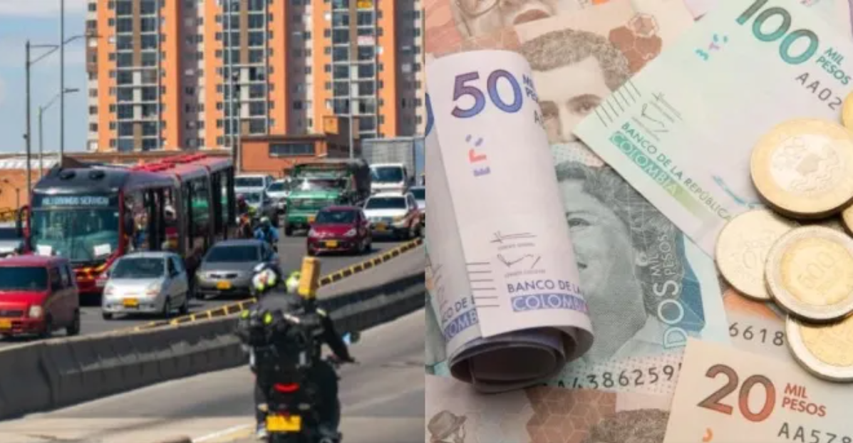 Imagen publicada por el tiempo con foto de vehículos en una calle de Bogotá y billetes y monedas