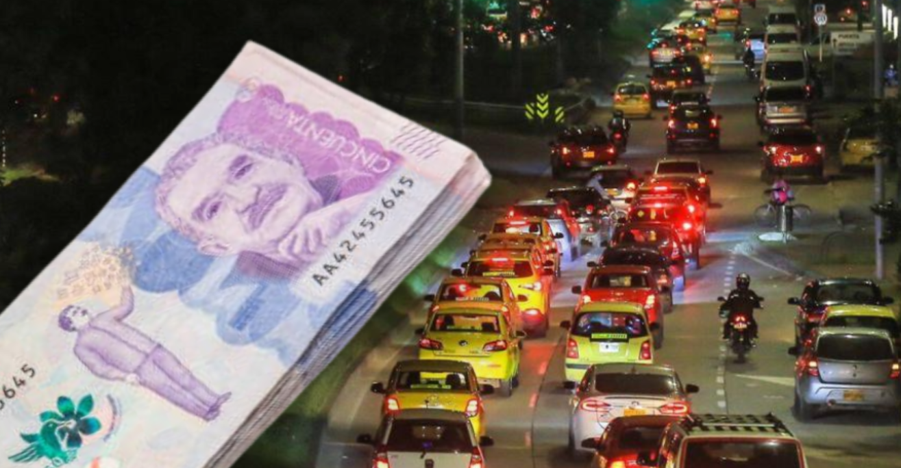 Imagen publicada por El Tiempo con imagen de billetes de pesos colombianos y una foto de fondo de vehículos circulando en una vía