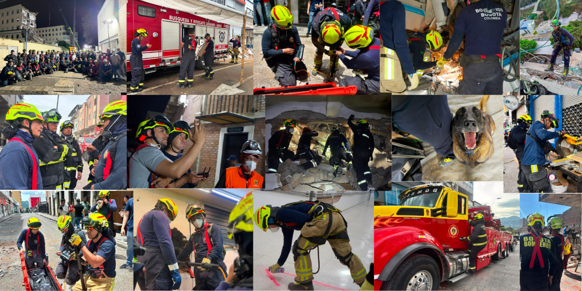 Bomberos de Bogotá en acción Collage de imagénes del cuerpo de bomberos de Bogotá en el terremoto del 10 de agosto
