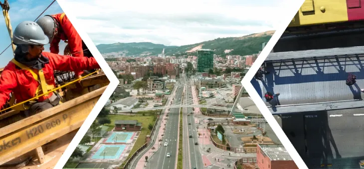 imagen de dos hombres trabajando en obra, autopista Bogotá y transmilenio desde arriba
